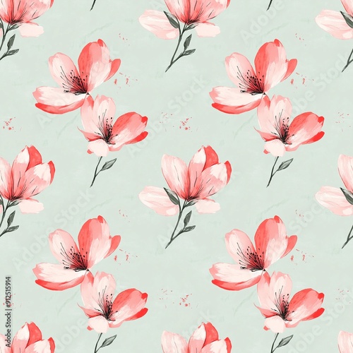 Seamless pattern of delicate pink and red flowers on a light green background, made in watercolor style, soft brush strokes, elegant and graceful, suitable for textile design