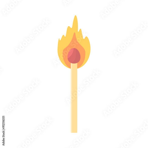 burning match in cartoon style on a white background. Beautiful cute illustration of a burning match