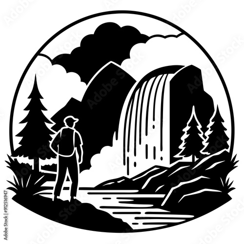 A Silhouette of a Hiker Standing in Front of a Cascade