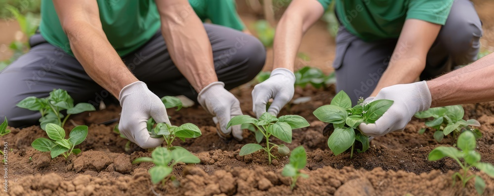 Fototapeta premium Autism support group planting a community garden, unity, outreach, inclusive project, diverse volunteers, connection, environmental therapy, teamwork