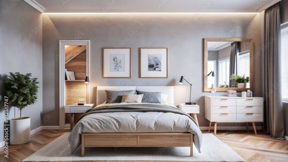 Fototapeta premium Modern Bedroom Interior Design with White Bed and Wooden Floor