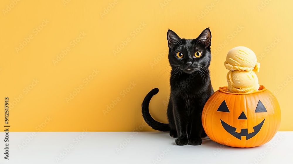 Black cat next to pumpkin ice cream, spooky scene, flat design illustration Black cat next to pumpkin ice cream, spooky scene, flat design illustration