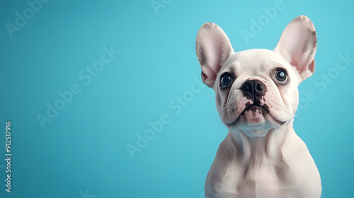 A cute French Bulldog puppy with big expressive eyes, looking directly at the camera against a bright blue background. photo