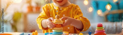 Child with Autism engaged in occupational therapy, colorful playroom, therapist support, sensory toys, focused activity, inclusive care, developmental support