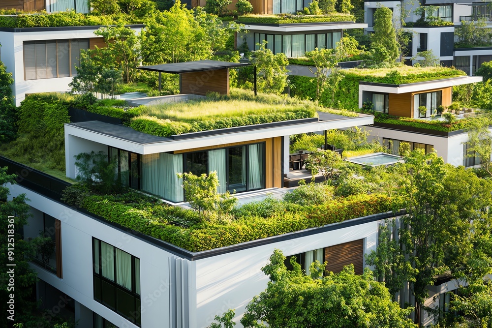 Fototapeta premium Stunning modern architecture with lush green roofs and vibrant gardens, showcasing sustainable living in urban design.