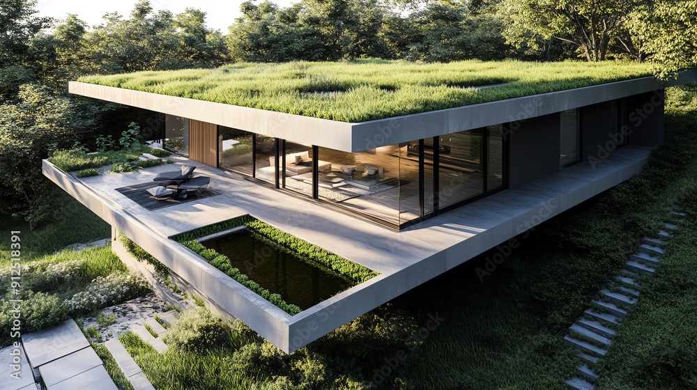 Fototapeta premium Stunning modern house with a green roof, surrounded by trees, showcasing eco-friendly architecture and seamless indoor-outdoor living.