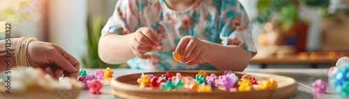 Child with Autism participating in occupational therapy, therapist support, sensory play, developmental activities, inclusive environment, focused progress