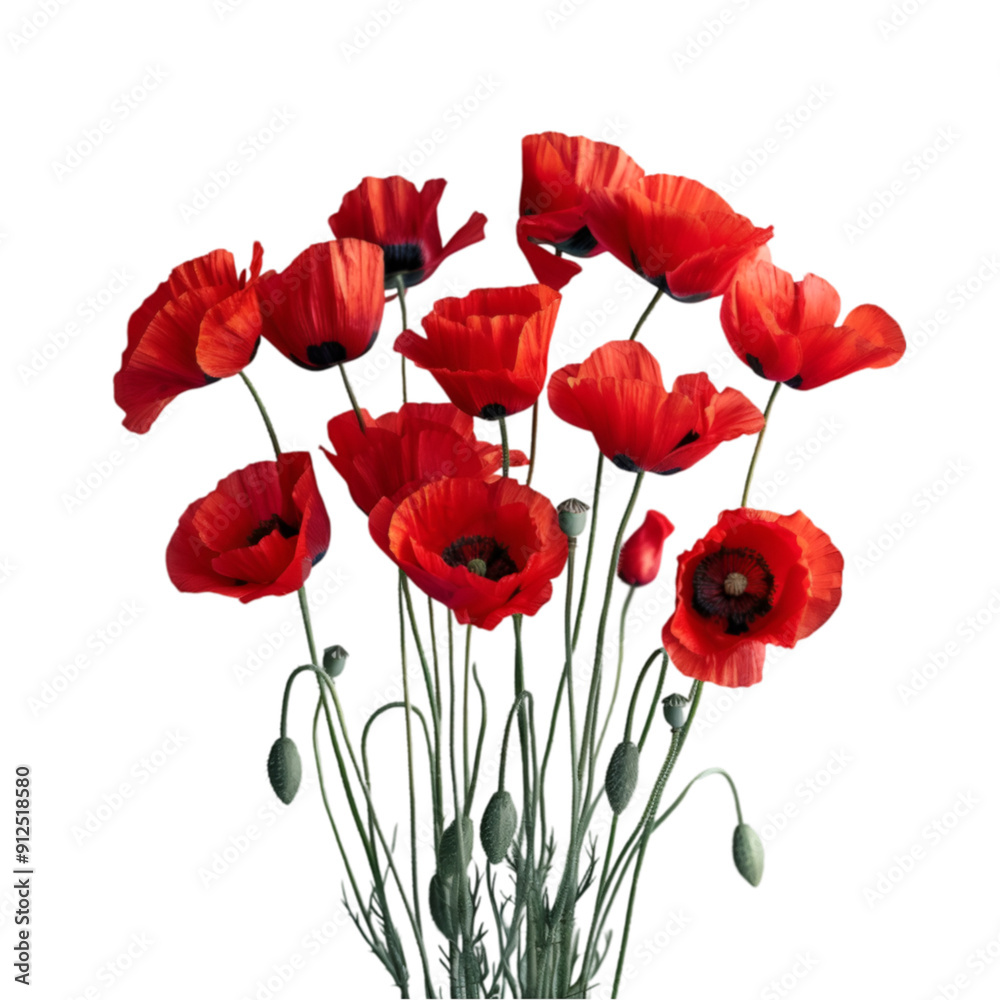 Obraz premium Closeup of a beautiful bouquet of red poppies isolated on a black background. Perfect for floral design projects.