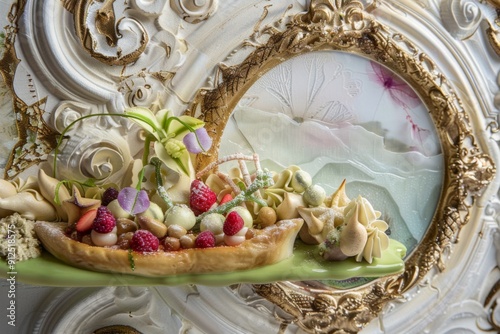 Exquisite Dessert Display Featuring Tiana Surrounded by Colorful Pastries in Elegant Setting photo