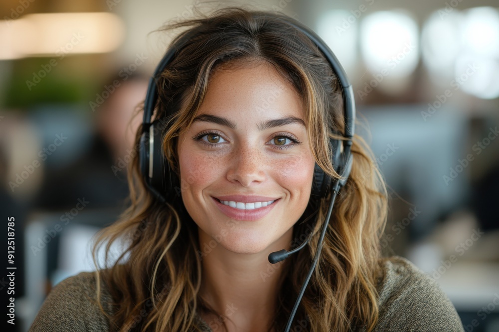 A smiling woman with a headset works at her office desk, emphasizing a professional and friendly approach to customer service in a dynamic and focused workspace environment. A smiling woman with a headset works at her office desk, emphasizing a professional and friendly approach to customer service in a dynamic and focused workspace environment.