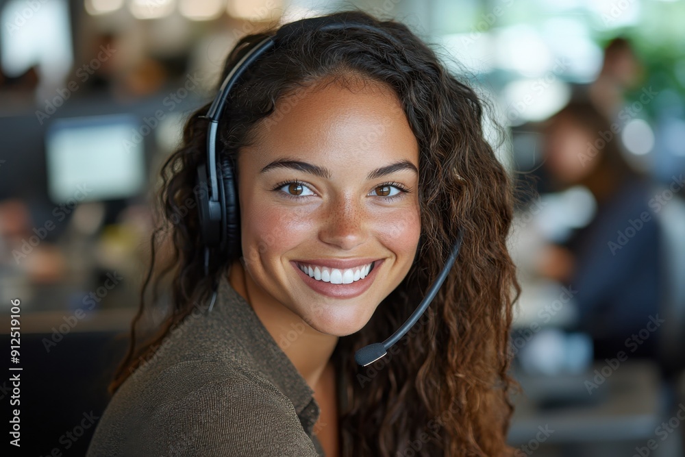 A customer service agent with curly hair and a headset is smiling warmly while working at her desk in an office, illustrating the concept of helpful and engaging support. A customer service agent with curly hair and a headset is smiling warmly while working at her desk in an office, illustrating the concept of helpful and engaging support.