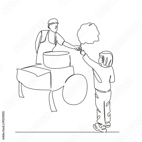 One continuous single drawing line art flat doodle child, outdoor, food, kid, candy, sweet, happy, sugar, buy, cotton, dessert. Isolated image hand draw contour on a white background