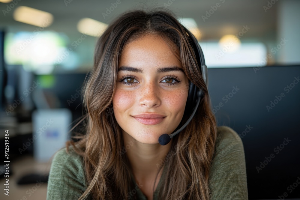 A close-up of a customer service representative with a headset, smiling warmly at the camera in a brightly lit office environment, representing excellent customer service. A close-up of a customer service representative with a headset, smiling warmly at the camera in a brightly lit office environment, representing excellent customer service.