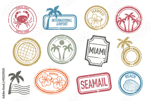 Summer beach vacation postal stamps set with grunge vintage texture and travel tropical symbols
