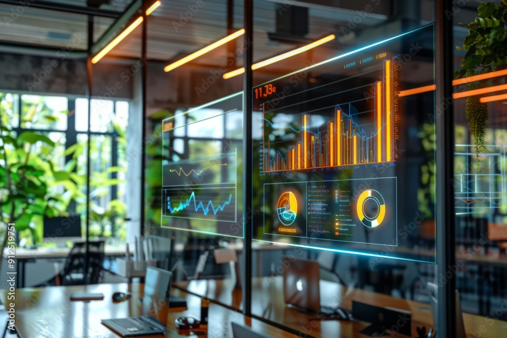Sophisticated office environment with transparent screen showing swot analysis Sophisticated office environment with transparent screen showing swot analysis