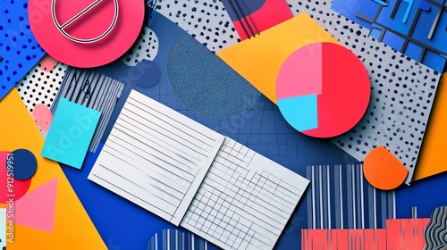 Vibrant geometric patterns with assorted shapes and a notebook, perfect for creative projects and design inspiration. photo