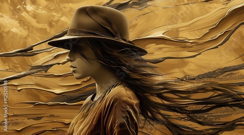 Abstract Painting of Woman with Hat in Flowing Orange and Violet Brushstrokes