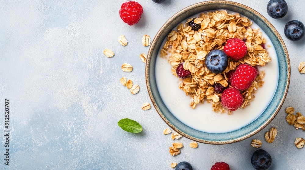A bowl of oat granola with milk and berries, viewed from above. Nutritious breakfast option with plenty of space for text or other design elements. A bowl of oat granola with milk and berries, viewed from above. Nutritious breakfast option with plenty of space for text or other design elements.
