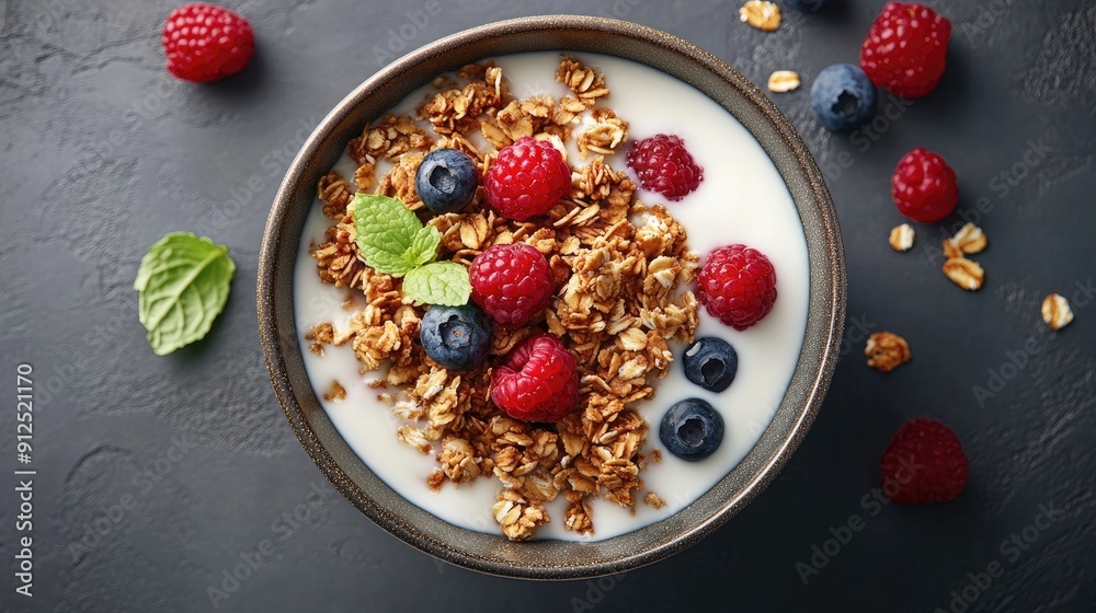 A bowl of oat granola with milk and berries, viewed from above. Nutritious breakfast option with plenty of space for text or other design elements. A bowl of oat granola with milk and berries, viewed from above. Nutritious breakfast option with plenty of space for text or other design elements.