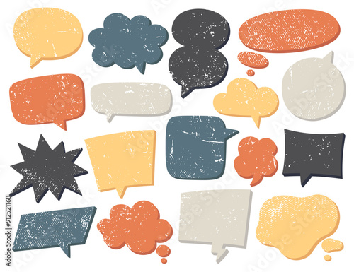 Vintage speech bubbles, message chat boxes, dialog frames, think balloons with trendy grunge texture