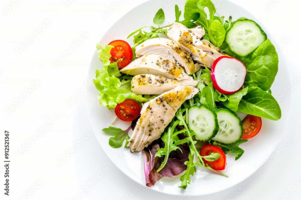 Fresh Garden Salad With Grilled Chicken, Colorful Veggies, and Herb Dressing on a White Plate Fresh Garden Salad With Grilled Chicken, Colorful Veggies, and Herb Dressing on a White Plate