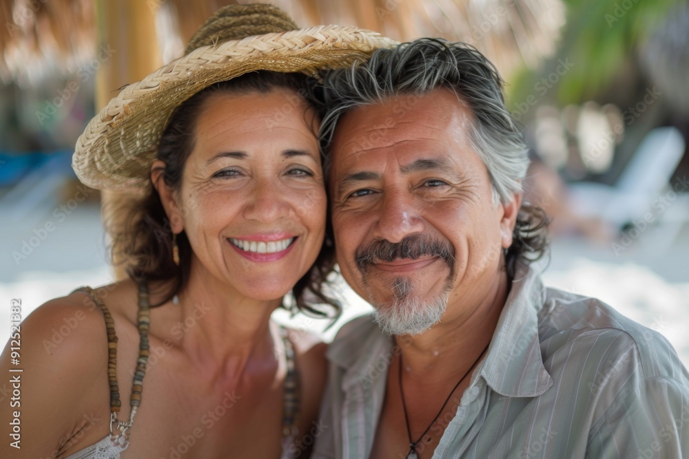 Portrait of a smiling middle aged Hispanic couple at the beach Portrait of a smiling middle aged Hispanic couple at the beach