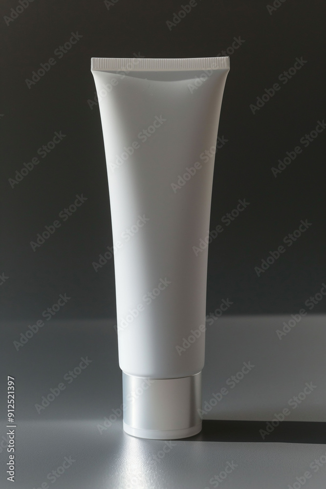 The white cosmetic tube on a dark background with reflection, minimalistic packaging, skincare concept The white cosmetic tube on a dark background with reflection, minimalistic packaging, skincare concept