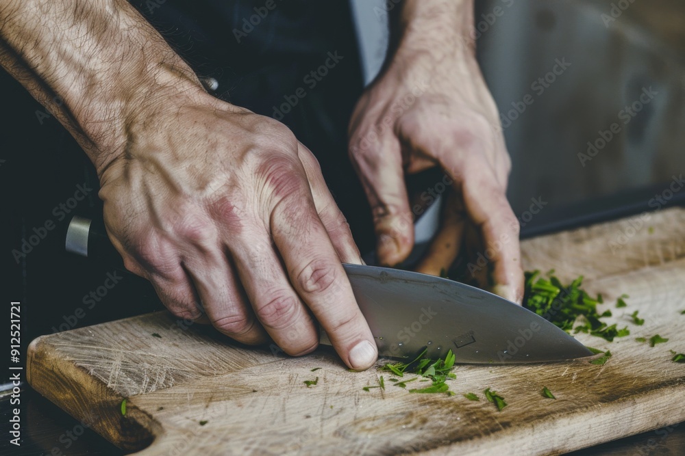 Fototapeta premium Culinary Arts: Expert Chef Skillfully Chopping Fresh Herbs in a Modern Kitchen Setting