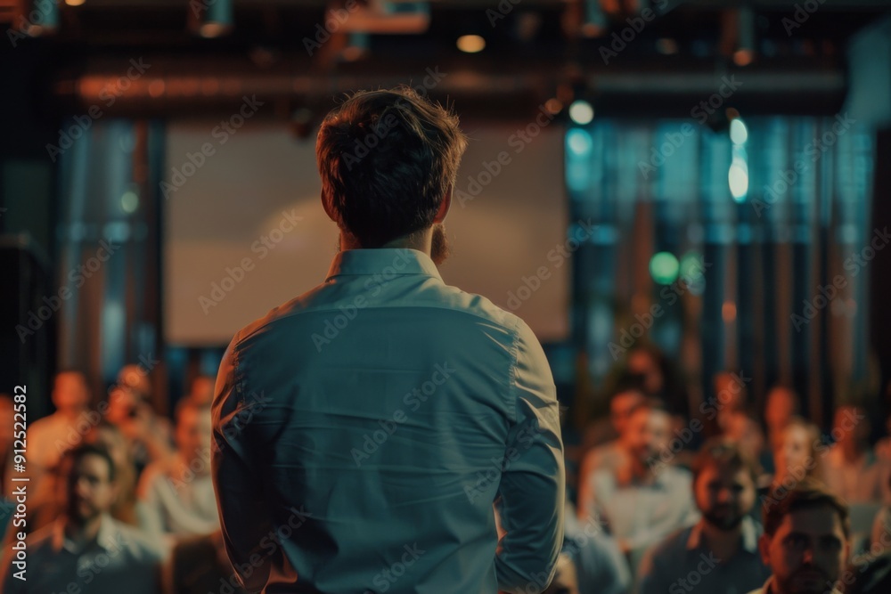 Corporate training session with an expert addressing a room full of employees , blurred background Corporate training session with an expert addressing a room full of employees , blurred background