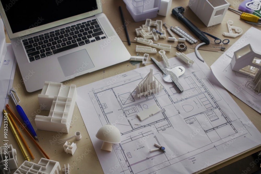 Creative Architect Workspace With Detailed Blueprints and 3D Models During Late Afternoon Creative Architect Workspace With Detailed Blueprints and 3D Models During Late Afternoon