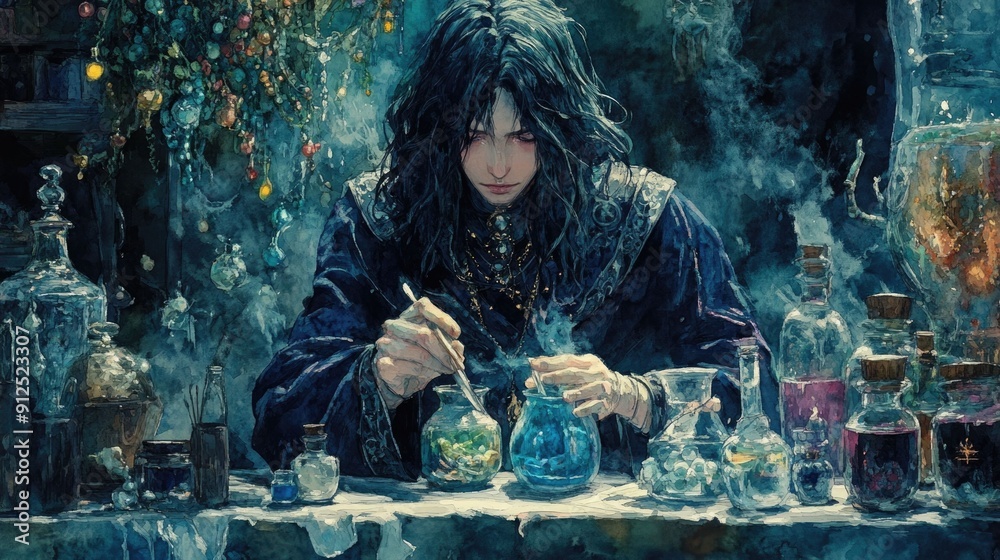 Mystical alchemist concocting a variety of enchanted potions surrounded by an array of mystical artifacts in a serene watercolor style environment The scene evokes a sense of the arcane the ethereal Mystical alchemist concocting a variety of enchanted potions surrounded by an array of mystical artifacts in a serene watercolor style environment The scene evokes a sense of the arcane the ethereal