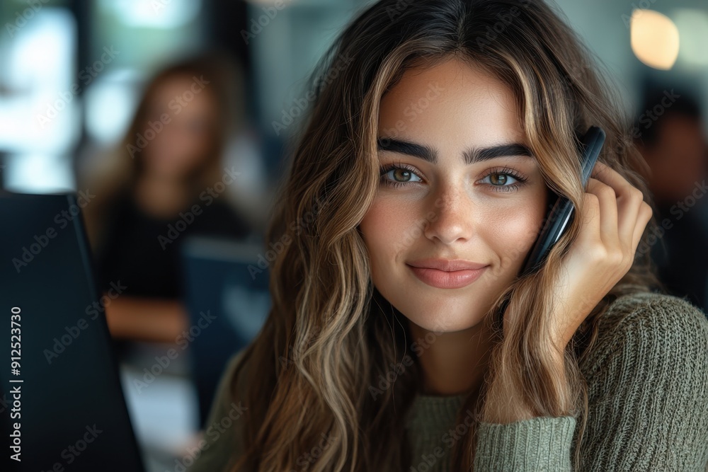 A professional woman with long wavy hair speaks on a phone, working in a contemporary office space, representing a focused and productive work environment. A professional woman with long wavy hair speaks on a phone, working in a contemporary office space, representing a focused and productive work environment.