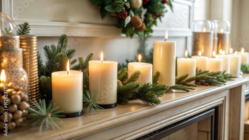 Lit Candles on a Mantel. Cozy Concept Banner