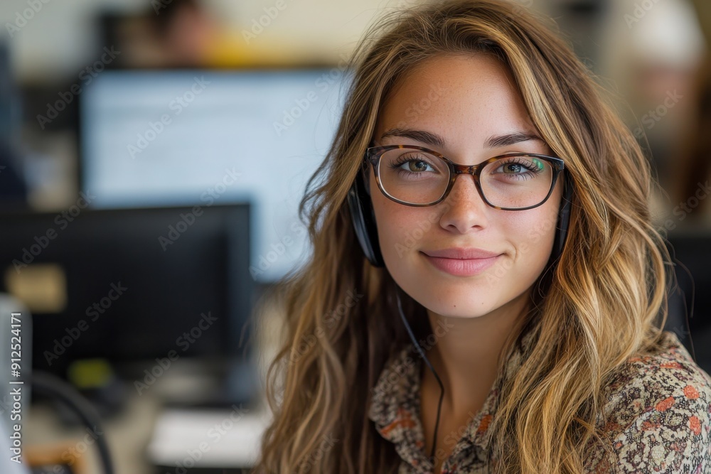 A young woman with glasses and long hair wearing a headset, working at a computer in an office environment, focusing on her task with a slight smile. A young woman with glasses and long hair wearing a headset, working at a computer in an office environment, focusing on her task with a slight smile.