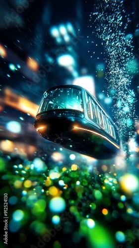 An eye-level view of a futuristic submarine gliding through a vibrant underwater city photo