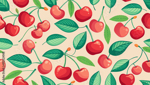 Seamless pattern with Cherry berry. Juicy ripe cherries with leaves. Summer berries background. Flat Vector illustration