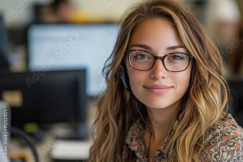 A young woman with glasses and long hair wearing a headset, working at a computer in an office environment, focusing on her task with a slight smile.