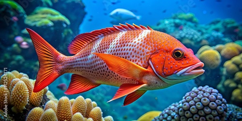 Vibrant orange-red Dory snapper with distinctive black spots and white horizontal stripes swims in coral reef, tropical ocean, showcasing its striking coloration and majestic fins. photo