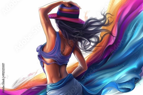 Abstract Woman With Hat in Colorful Swirls of Purple, Orange, and Blue