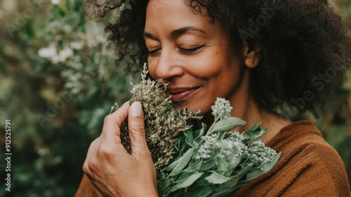 Serene African-American Woman Enjoying Fragrance of Fresh Herbs in Garden