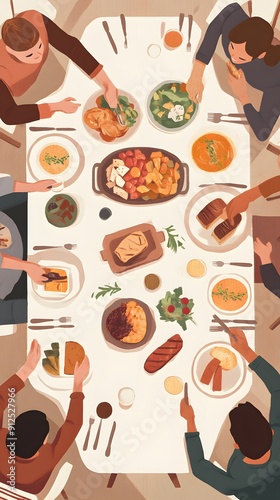 Wallpaper Mural Overhead view of a diverse group of people gathered around a table, enjoying a delicious meal together. Torontodigital.ca