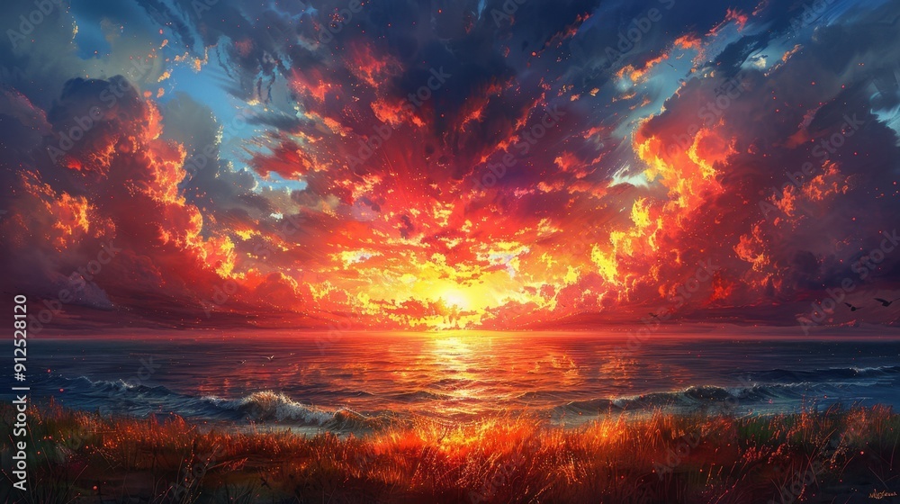 Fiery Sunset Over a Calm Ocean with Grassy Shoreline Fiery Sunset Over a Calm Ocean with Grassy Shoreline