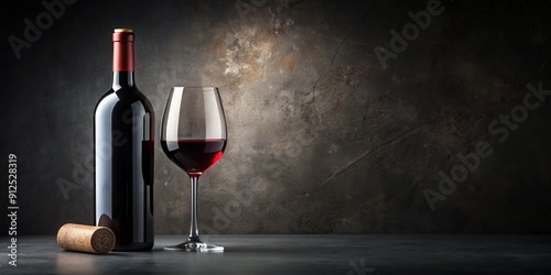 Luxurious red wine bottle with elegant label and cork, paired with a sophisticated wine glass, posed on a dramatic black backdrop, evoking refined sophistication. photo