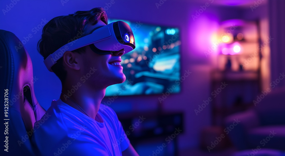 Young adult gamer playing video game using virtual glasses and on TV, hobbies and gambling Young adult gamer playing video game using virtual glasses and on TV, hobbies and gambling