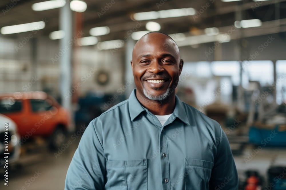 Portrait of a smiling middle aged African American male car mechanic Portrait of a smiling middle aged African American male car mechanic