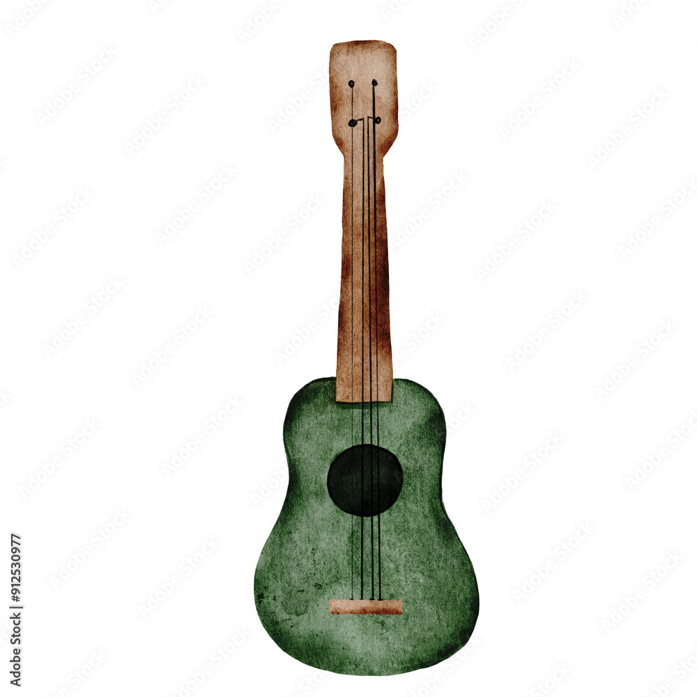 Naklejka premium Guitar watercolor. Cartoon drawing of green guitar on isolated white background. Clip art of musical instrument ukulele. For educational children's cards, posters and stickers