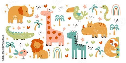 Cute childish African safari animals characters with grunge effect isolated vector illustration set