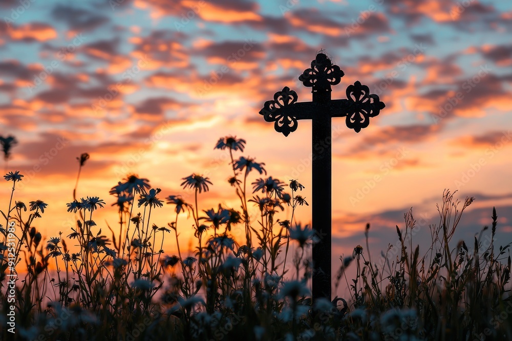 custom made wallpaper toronto digitalSilhouette Cross at Sunset with Flowers, Generative AI