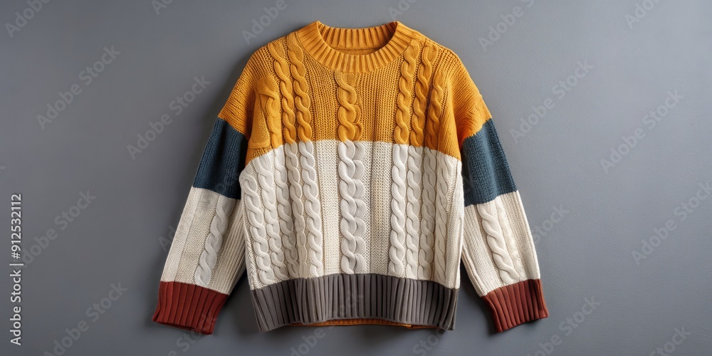 Cable knit sweater with long sleeves and crew neck, featuring a solid colorblock design, loose fit, and vintage flair, on a grey background. Cable knit sweater with long sleeves and crew neck, featuring a solid colorblock design, loose fit, and vintage flair, on a grey background.