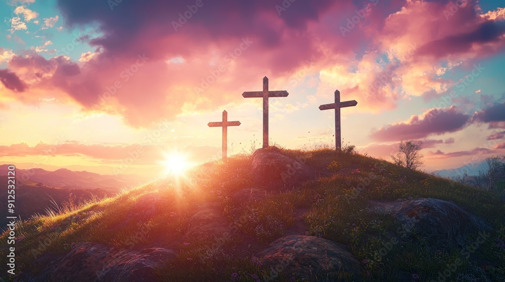 Three Crosses on Hill at Sunset, Generative AI Three Crosses on Hill at Sunset, Generative AI